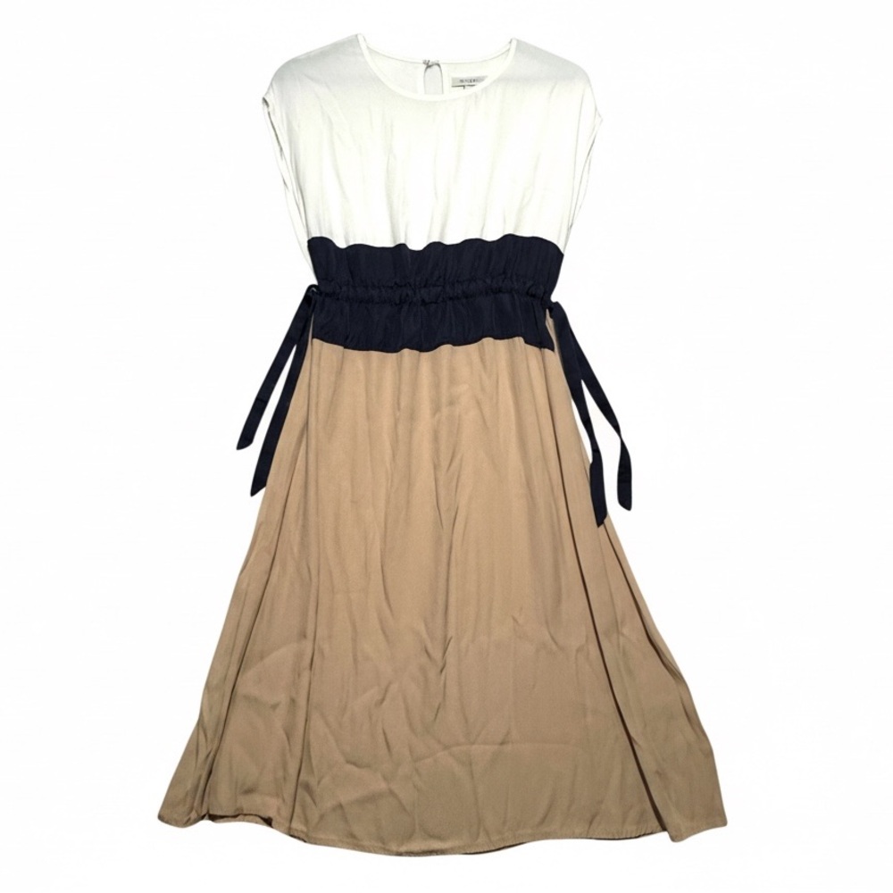all : row Mix-Media Colorblock Midi Dress Cream Navy Tan Women’s Size M